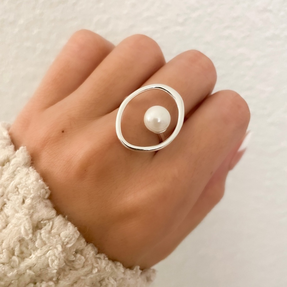 925 Sterling Silver Pearl Statement Ring Boho Minimalist Oval Round Ring